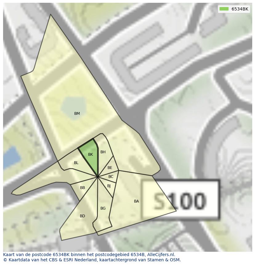 Afbeelding van het postcodegebied 6534 BK op de kaart.