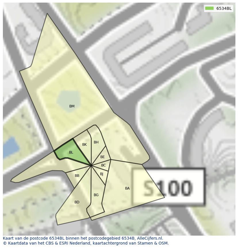 Afbeelding van het postcodegebied 6534 BL op de kaart.