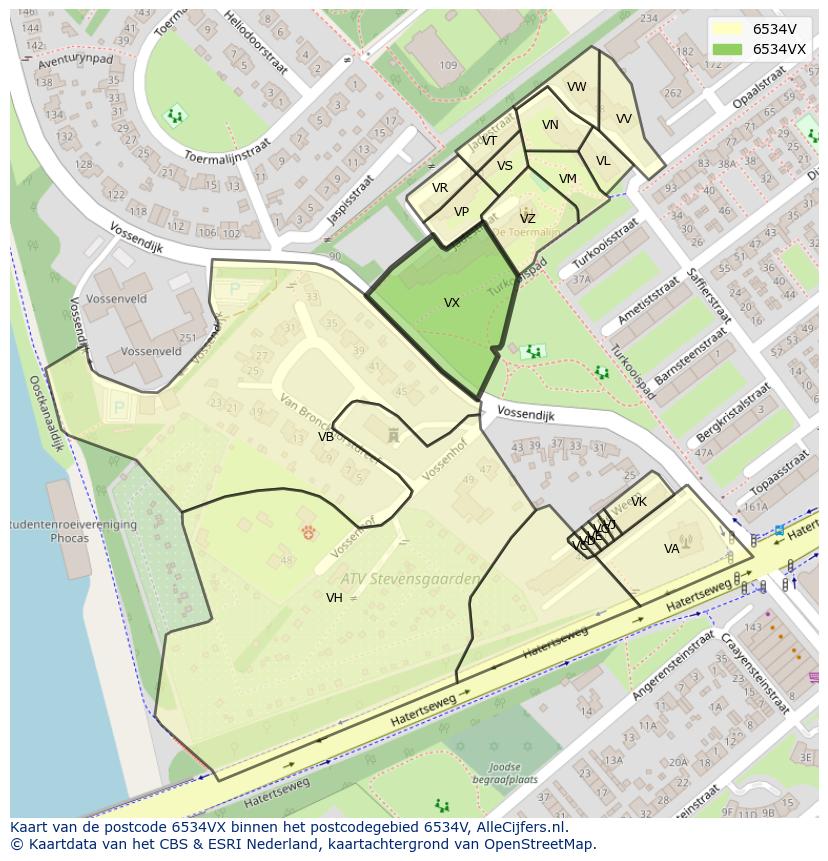Afbeelding van het postcodegebied 6534 VX op de kaart.