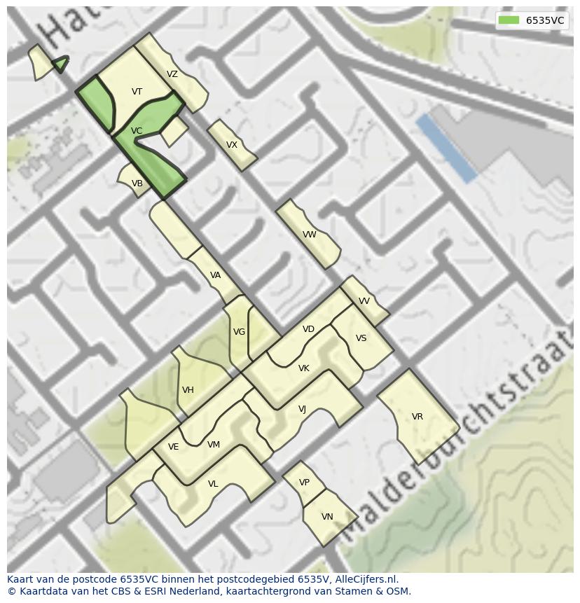 Afbeelding van het postcodegebied 6535 VC op de kaart.