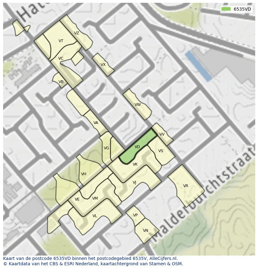 Afbeelding van het postcodegebied 6535 VD op de kaart.