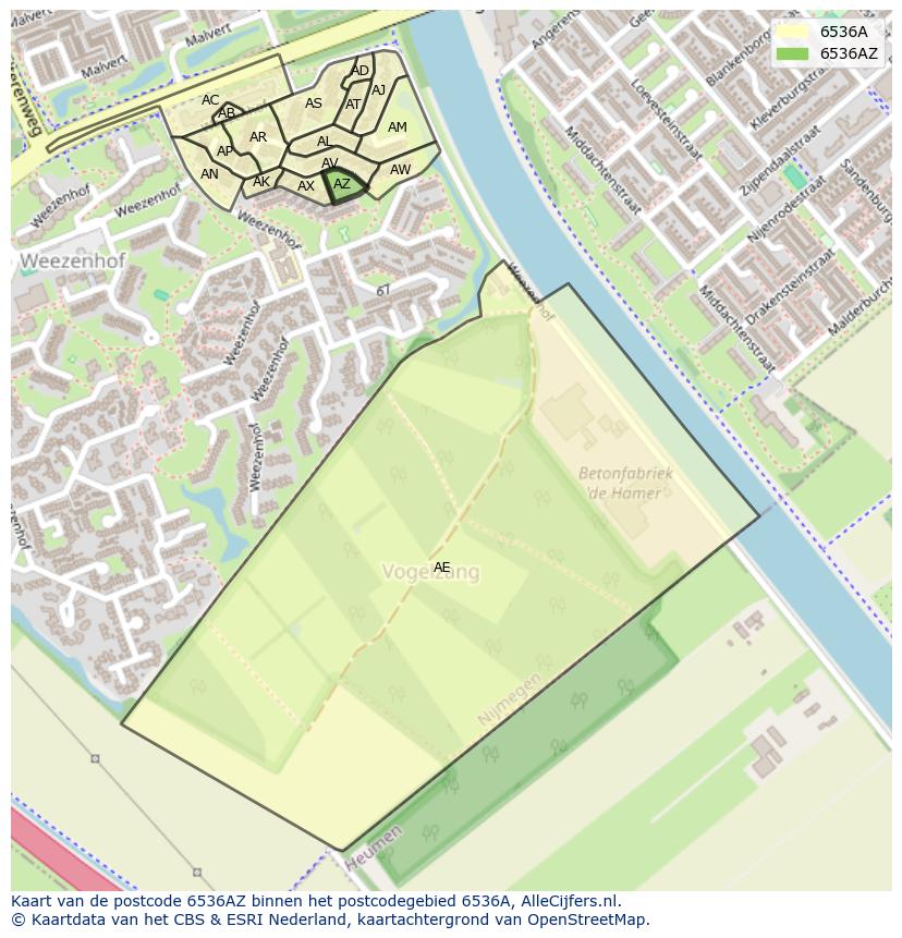 Afbeelding van het postcodegebied 6536 AZ op de kaart.