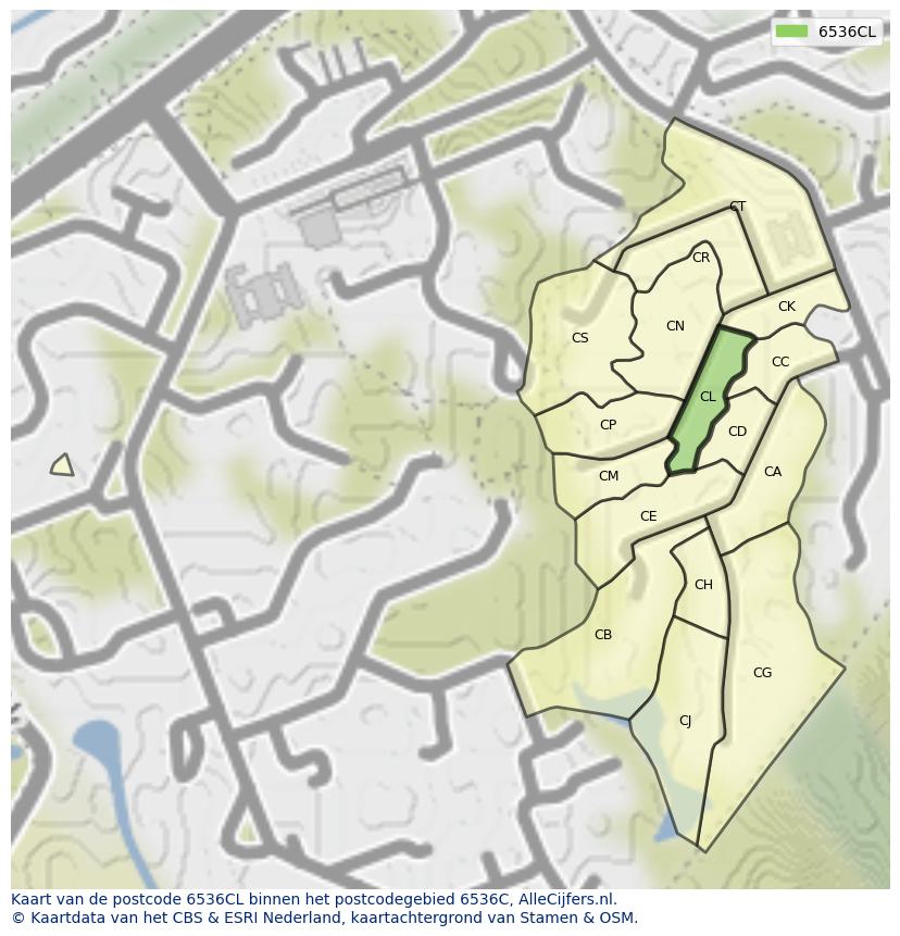 Afbeelding van het postcodegebied 6536 CL op de kaart.