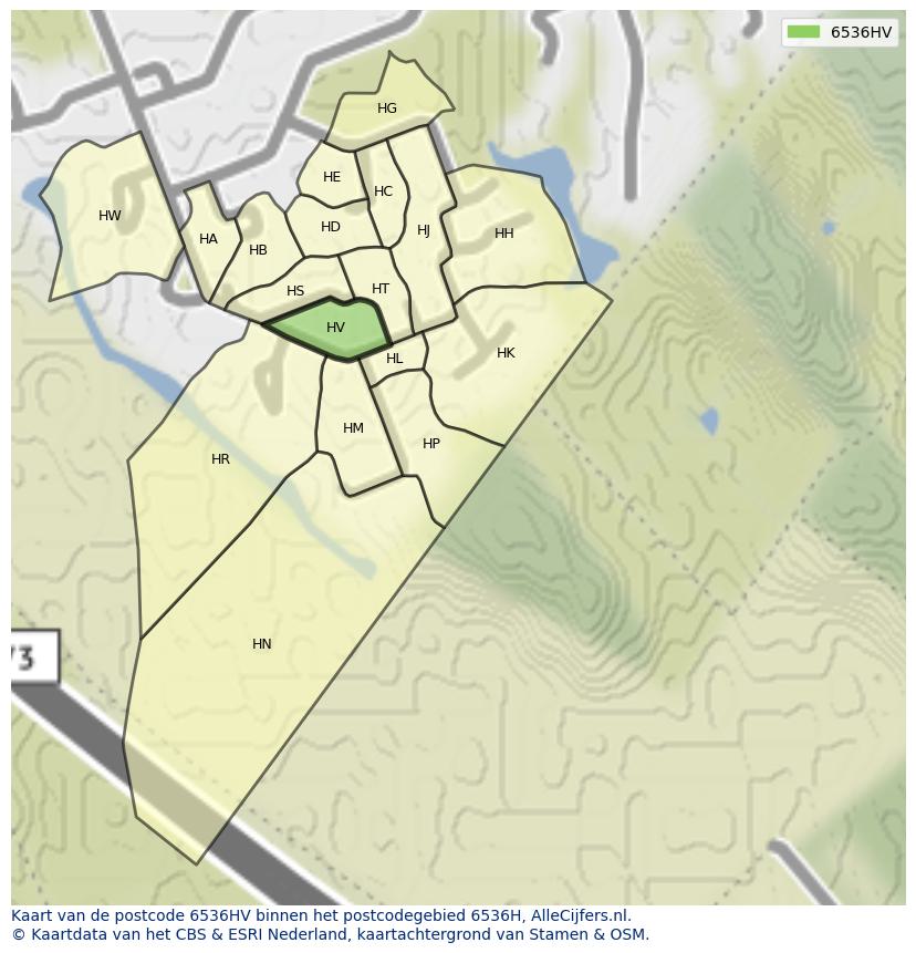 Afbeelding van het postcodegebied 6536 HV op de kaart.