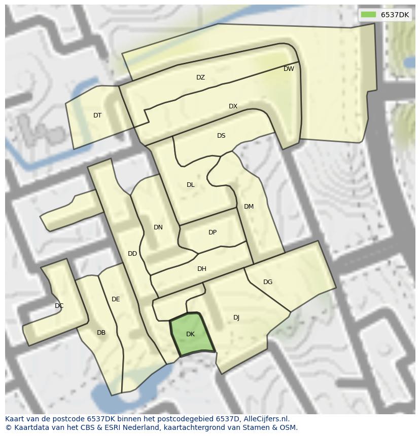 Afbeelding van het postcodegebied 6537 DK op de kaart.