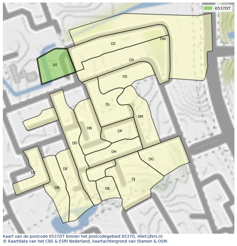 Afbeelding van het postcodegebied 6537 DT op de kaart.