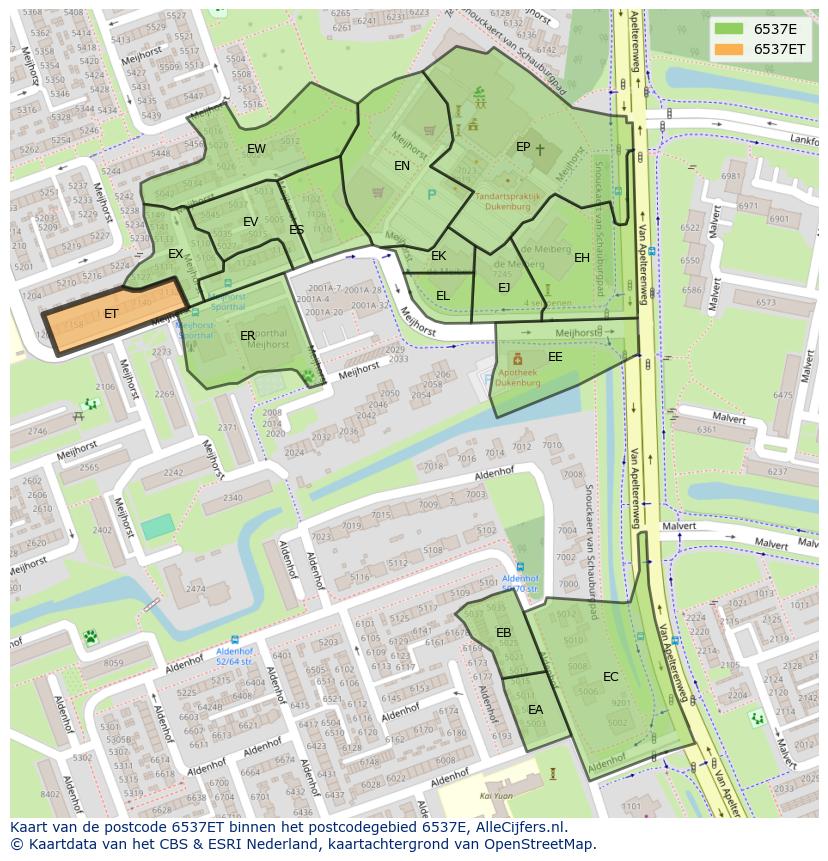 Afbeelding van het postcodegebied 6537 ET op de kaart.