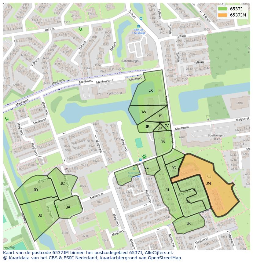 Afbeelding van het postcodegebied 6537 JM op de kaart.