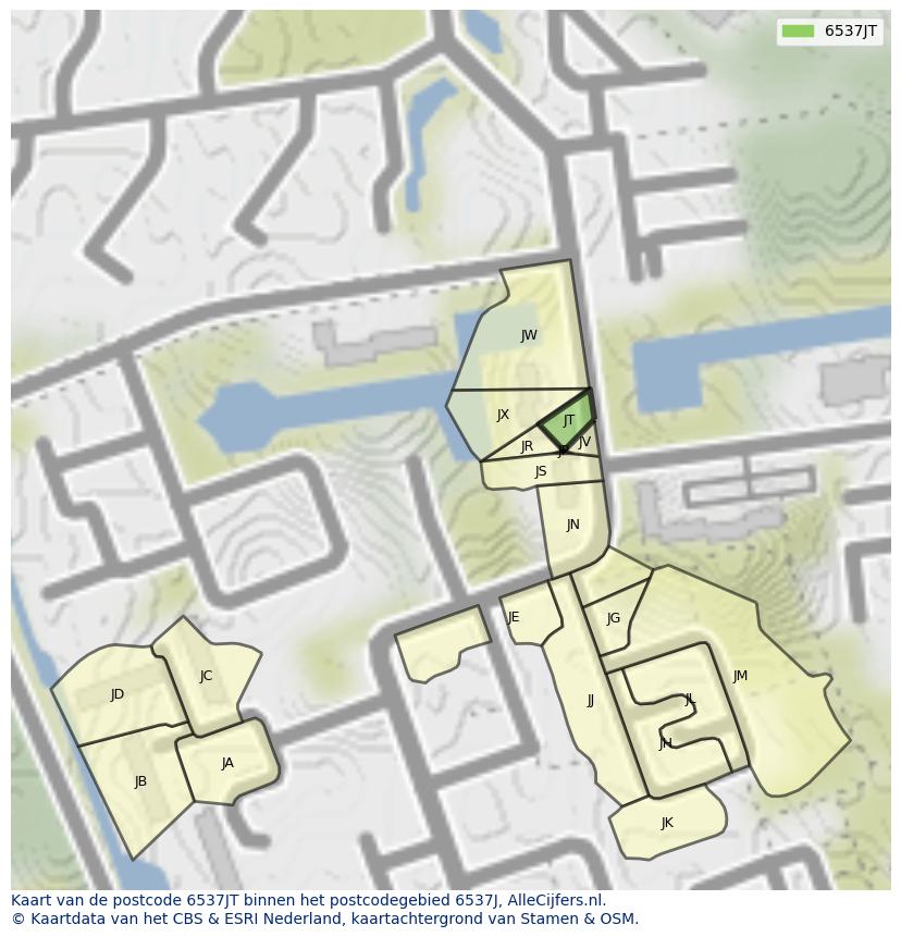 Afbeelding van het postcodegebied 6537 JT op de kaart.