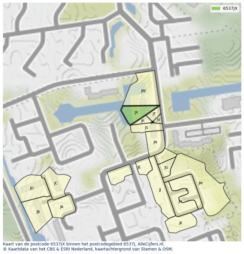 Afbeelding van het postcodegebied 6537 JX op de kaart.
