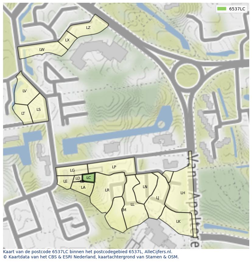 Afbeelding van het postcodegebied 6537 LC op de kaart.
