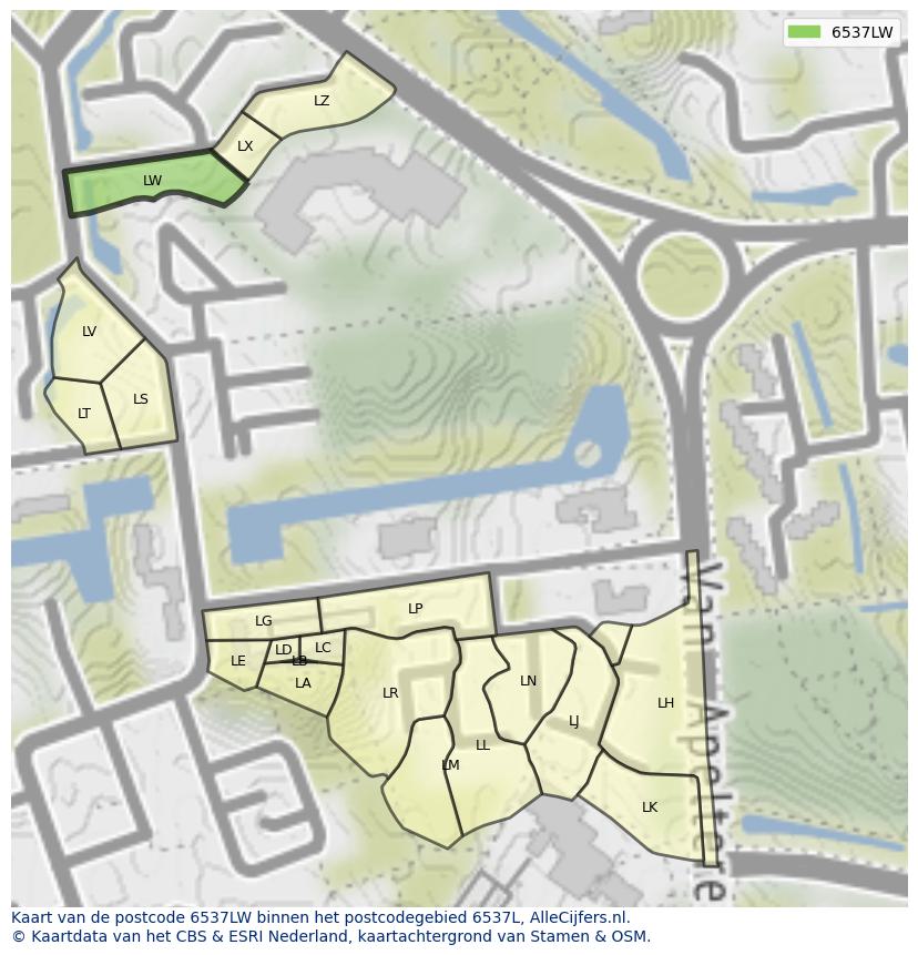 Afbeelding van het postcodegebied 6537 LW op de kaart.
