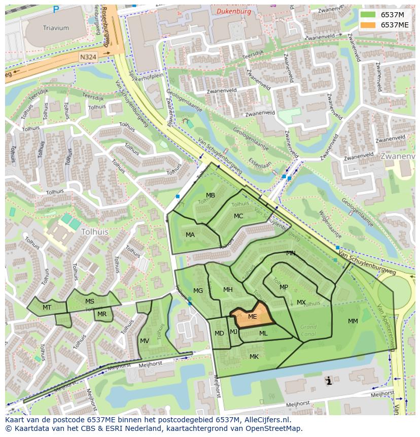 Afbeelding van het postcodegebied 6537 ME op de kaart.