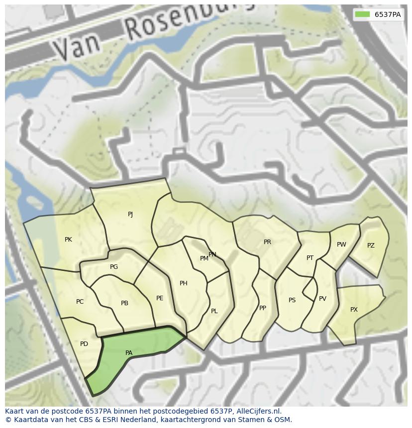 Afbeelding van het postcodegebied 6537 PA op de kaart.