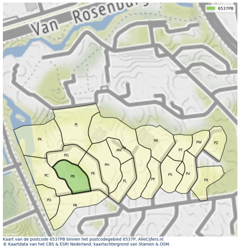 Afbeelding van het postcodegebied 6537 PB op de kaart.