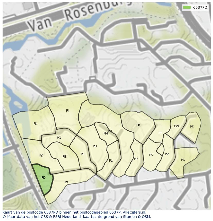 Afbeelding van het postcodegebied 6537 PD op de kaart.
