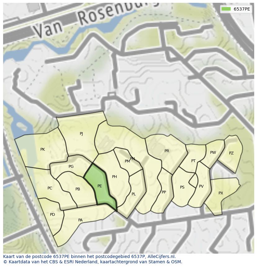 Afbeelding van het postcodegebied 6537 PE op de kaart.