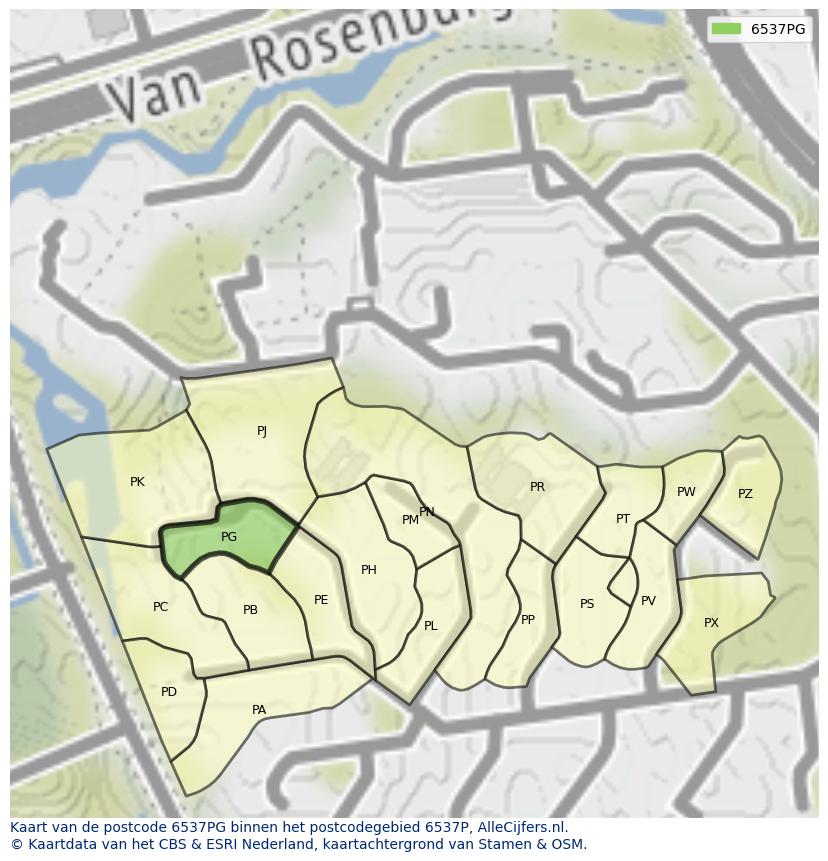 Afbeelding van het postcodegebied 6537 PG op de kaart.