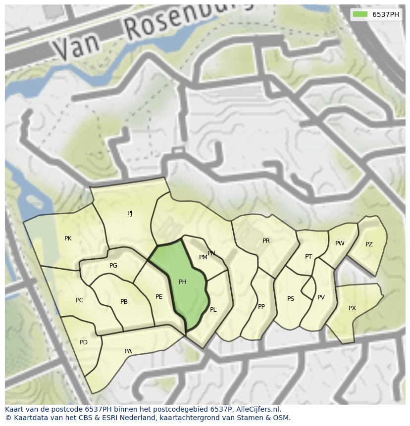 Afbeelding van het postcodegebied 6537 PH op de kaart.