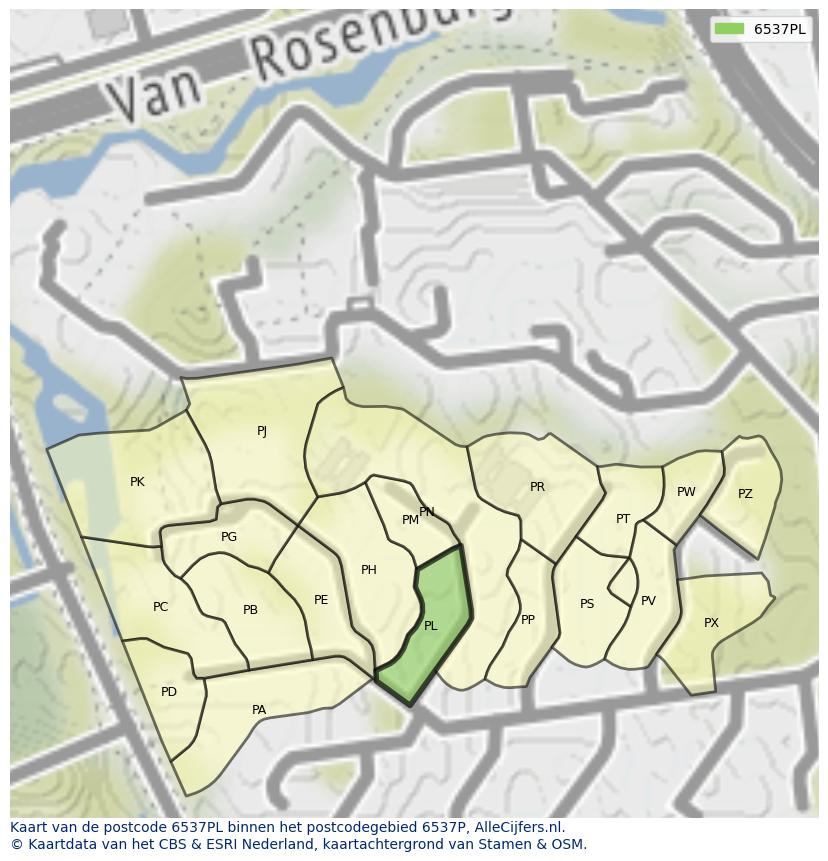 Afbeelding van het postcodegebied 6537 PL op de kaart.