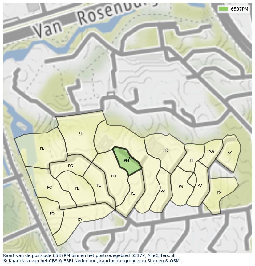 Afbeelding van het postcodegebied 6537 PM op de kaart.