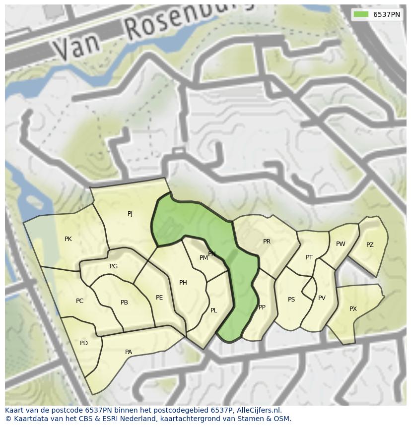 Afbeelding van het postcodegebied 6537 PN op de kaart.