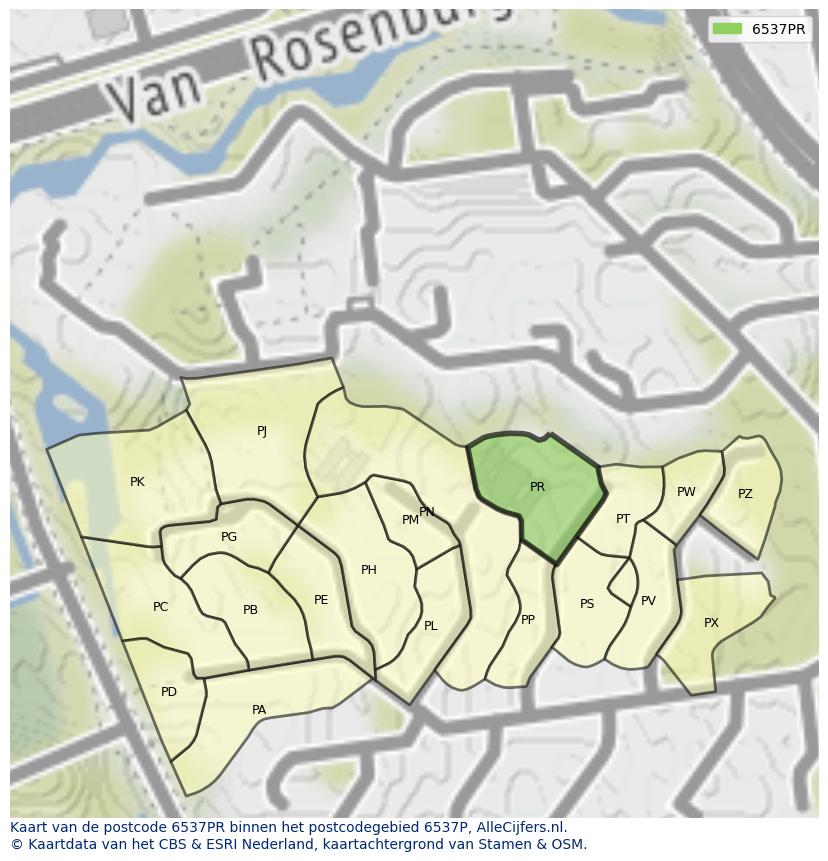 Afbeelding van het postcodegebied 6537 PR op de kaart.