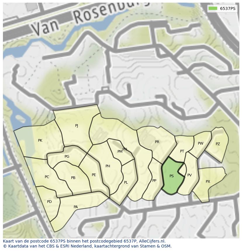 Afbeelding van het postcodegebied 6537 PS op de kaart.
