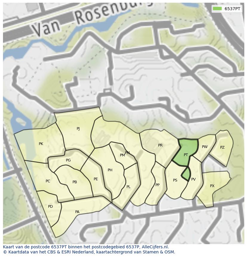 Afbeelding van het postcodegebied 6537 PT op de kaart.