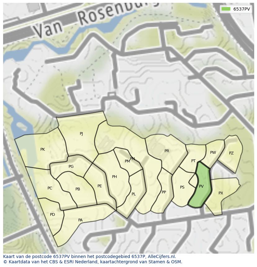 Afbeelding van het postcodegebied 6537 PV op de kaart.