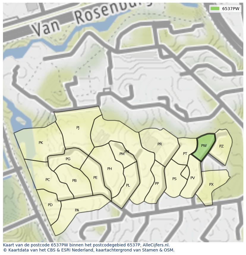Afbeelding van het postcodegebied 6537 PW op de kaart.