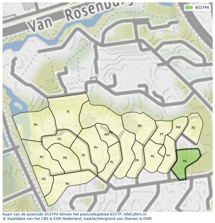 Afbeelding van het postcodegebied 6537 PX op de kaart.