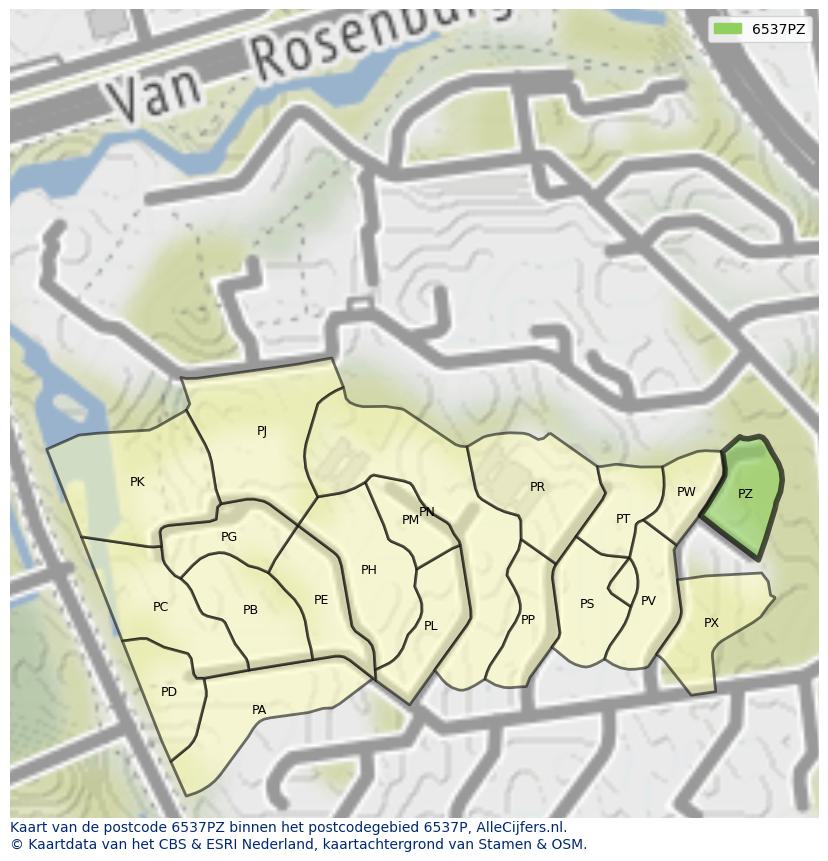 Afbeelding van het postcodegebied 6537 PZ op de kaart.