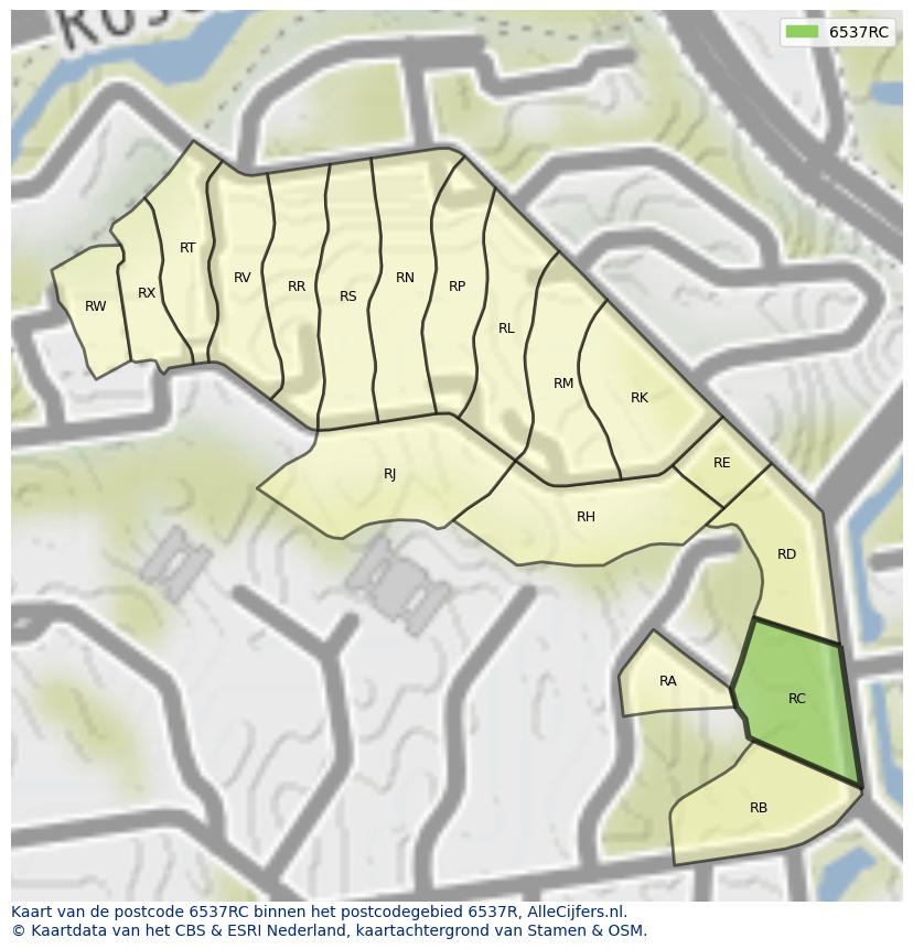 Afbeelding van het postcodegebied 6537 RC op de kaart.