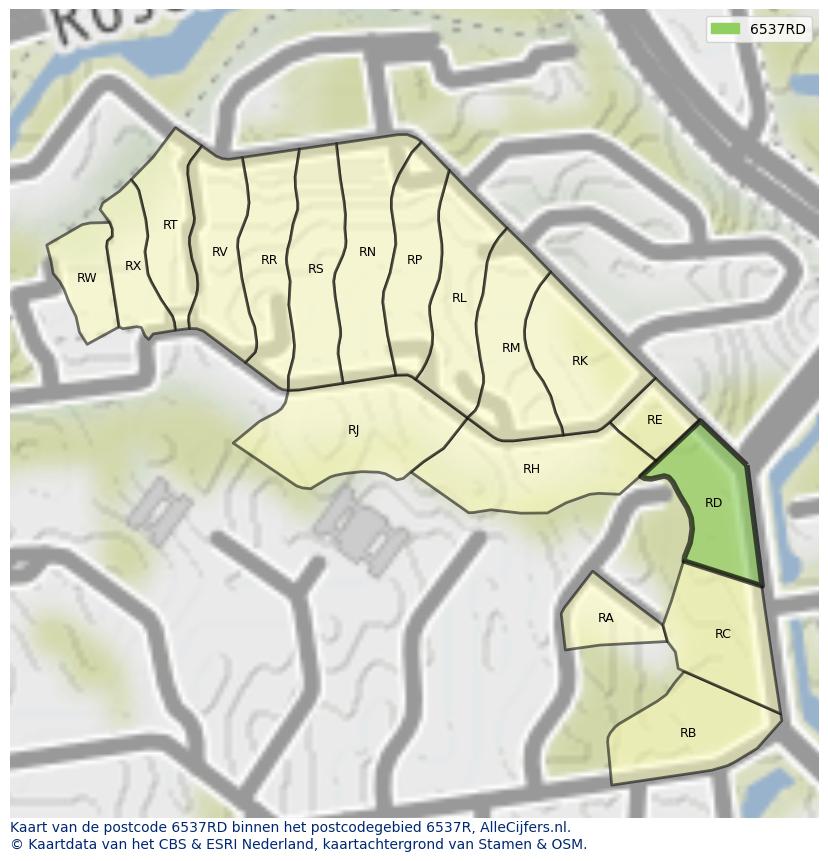 Afbeelding van het postcodegebied 6537 RD op de kaart.