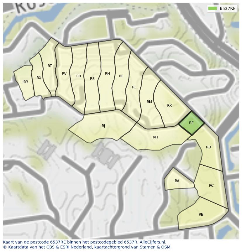 Afbeelding van het postcodegebied 6537 RE op de kaart.