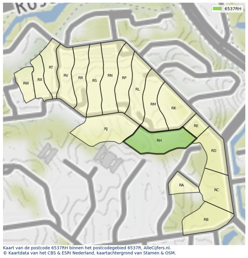 Afbeelding van het postcodegebied 6537 RH op de kaart.