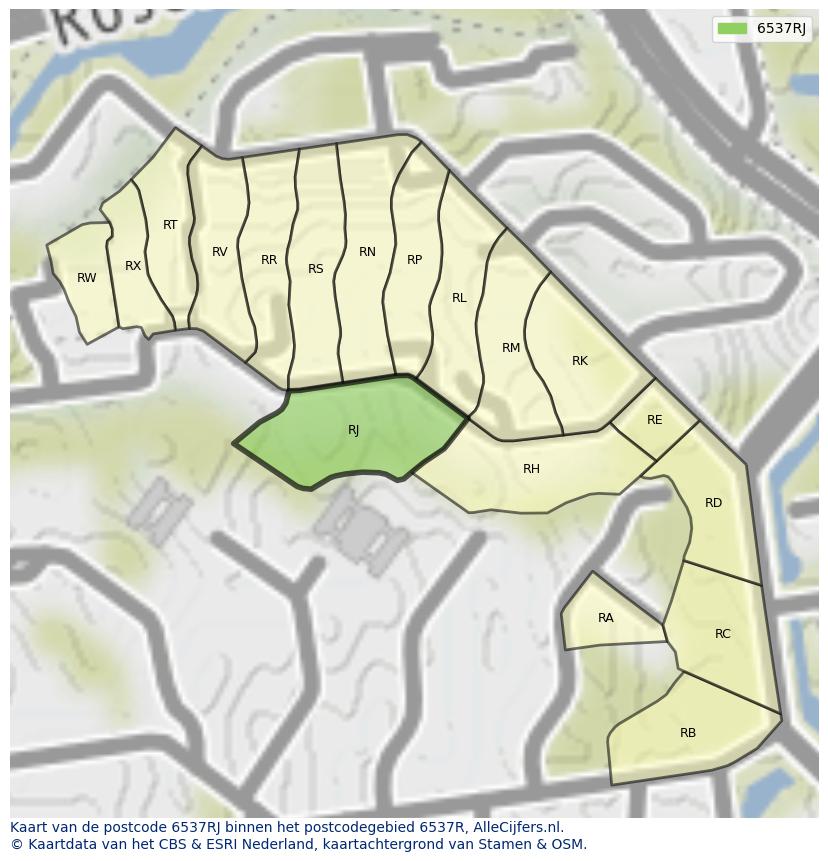 Afbeelding van het postcodegebied 6537 RJ op de kaart.