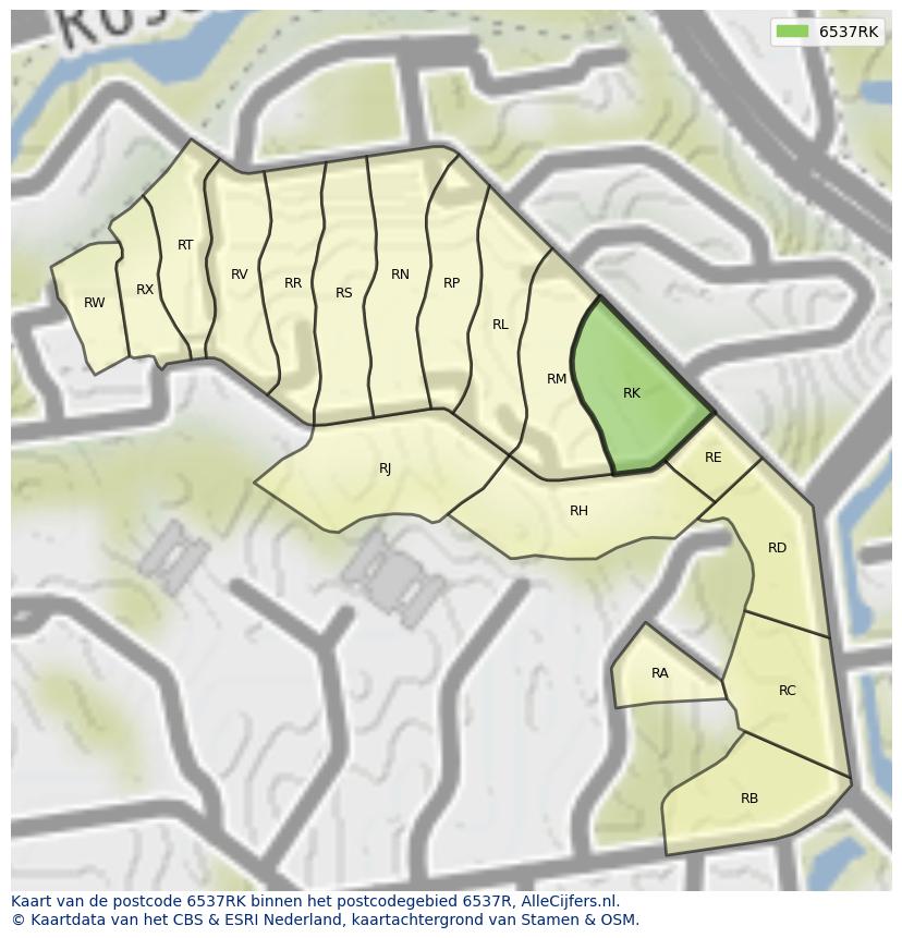 Afbeelding van het postcodegebied 6537 RK op de kaart.