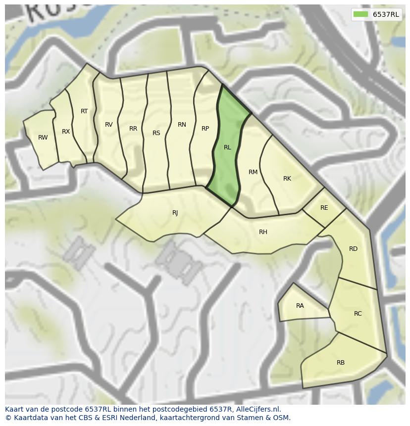 Afbeelding van het postcodegebied 6537 RL op de kaart.
