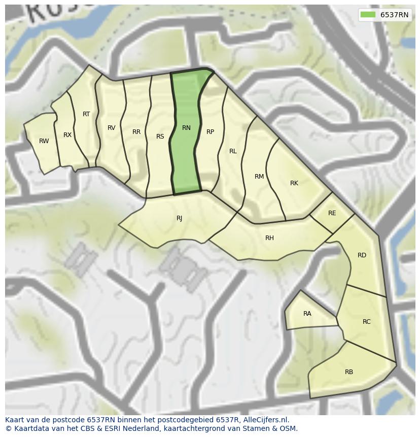 Afbeelding van het postcodegebied 6537 RN op de kaart.