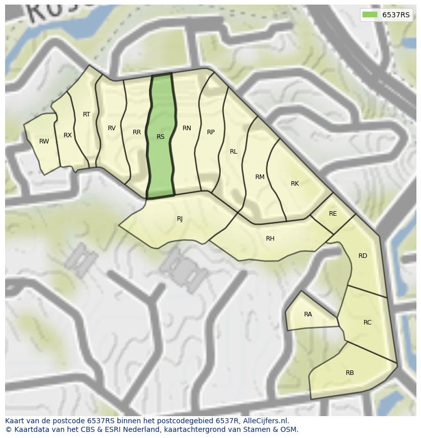 Afbeelding van het postcodegebied 6537 RS op de kaart.