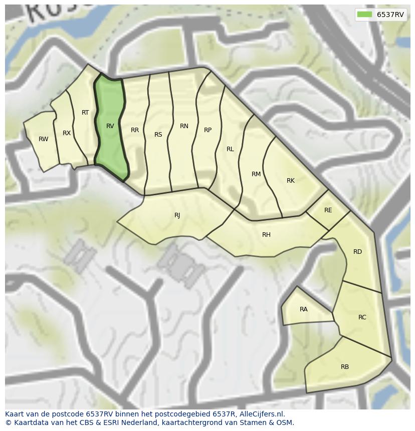 Afbeelding van het postcodegebied 6537 RV op de kaart.