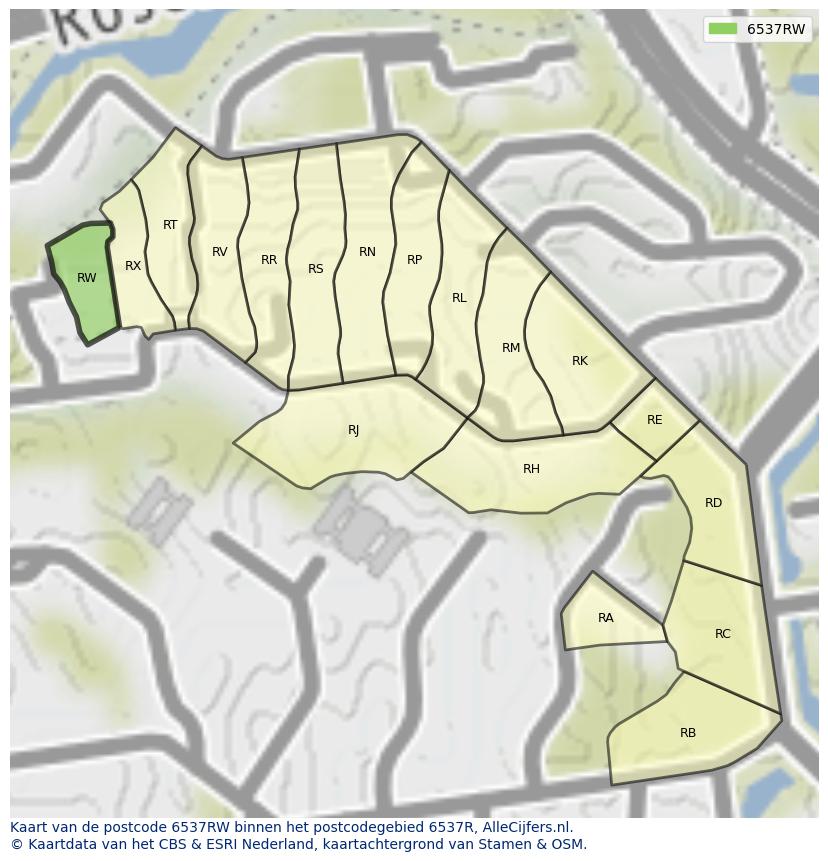 Afbeelding van het postcodegebied 6537 RW op de kaart.