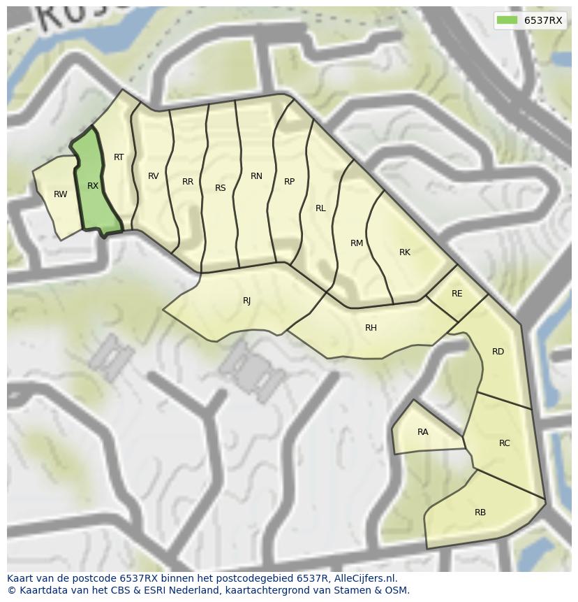 Afbeelding van het postcodegebied 6537 RX op de kaart.