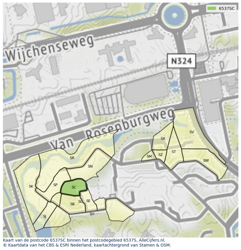 Afbeelding van het postcodegebied 6537 SC op de kaart.