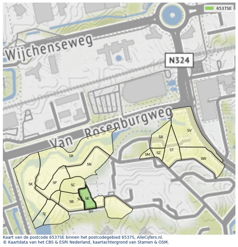 Afbeelding van het postcodegebied 6537 SE op de kaart.