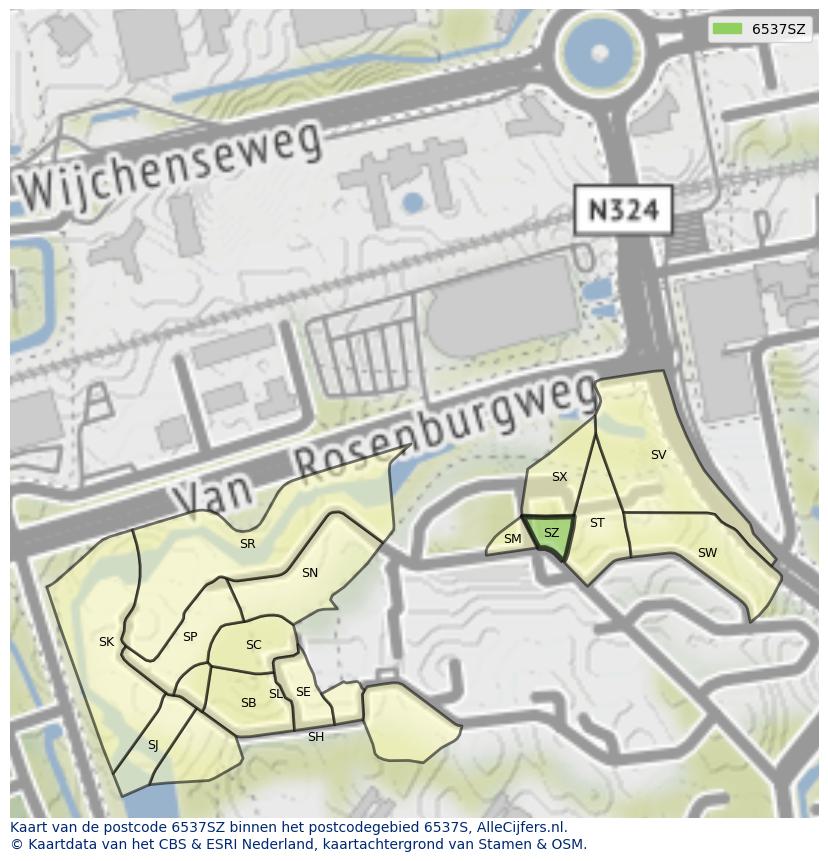 Afbeelding van het postcodegebied 6537 SZ op de kaart.