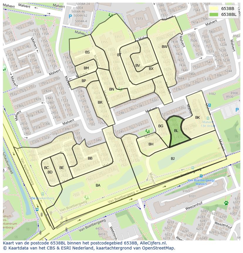 Afbeelding van het postcodegebied 6538 BL op de kaart.