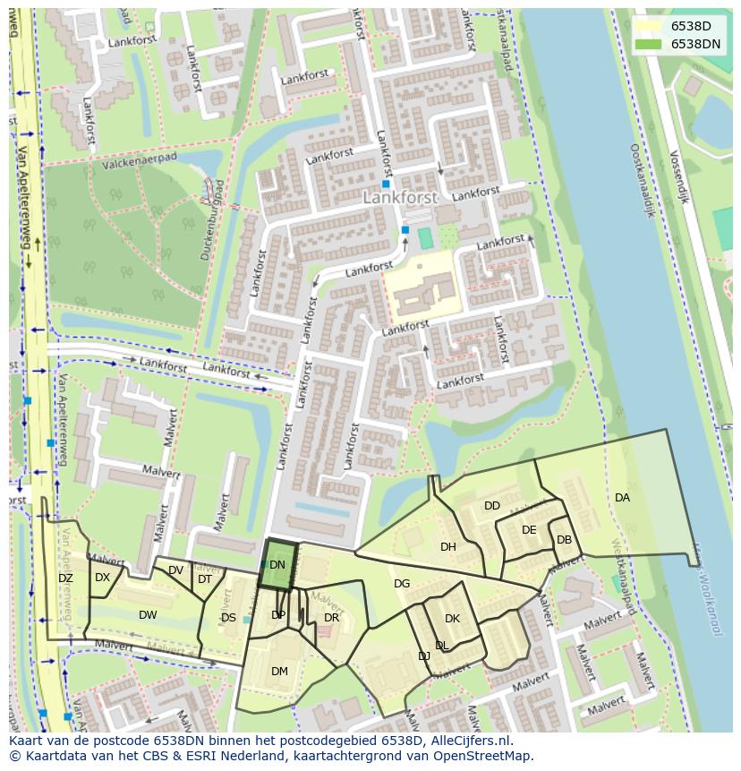 Afbeelding van het postcodegebied 6538 DN op de kaart.